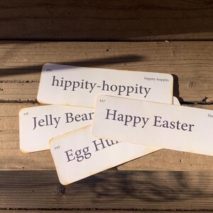Conjunto de 4 flashcards artesanais estilo vintage com frete grátis Feliz Páscoa, hippity-hoppity, jujubas, caça aos ovos