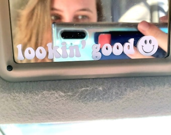 lookin' good Mirror Decal | Encouraging Smiley Face vinyl Decal | cute decal, gift for girls, handmade car decal