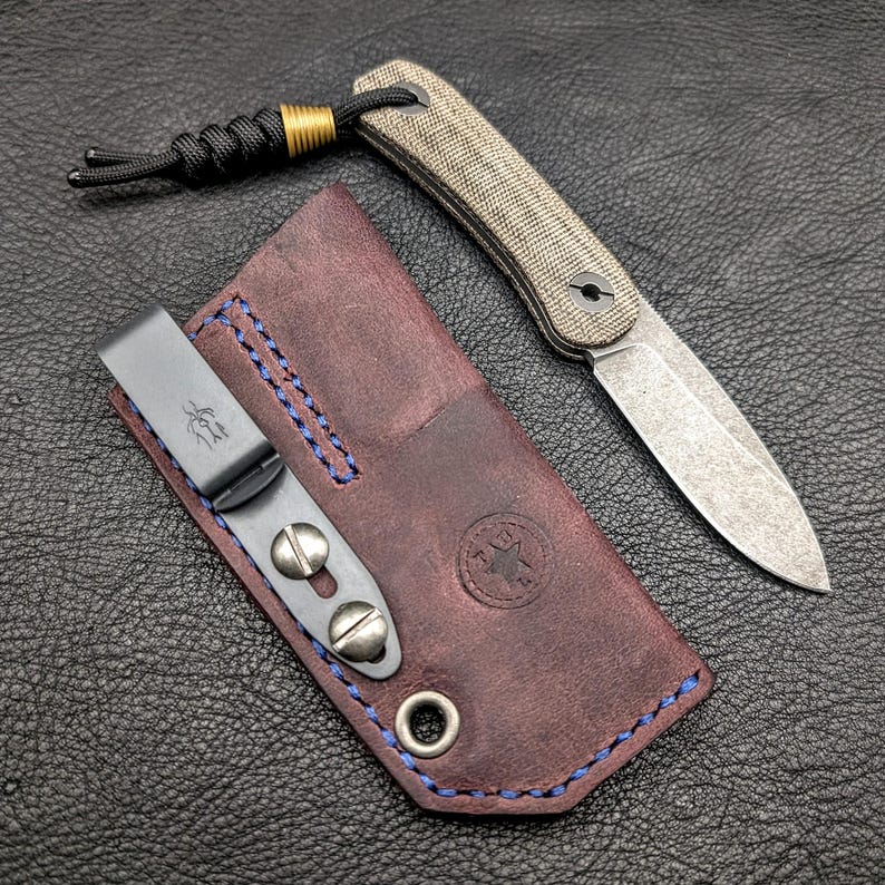 Leather Knife Sheath: Customizable Clip Carry System for Knafs Lander 4 Fixed Blade 3 - Merlot