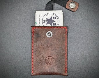 Handmade EDC leather card wallet | EDC minimalist wallet with retractable strap for quick retrieval/stowage | Snap Closure