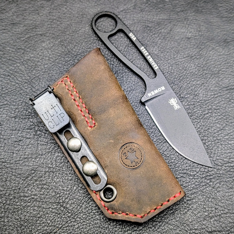 Leather Knife Sheath: Customizable Clip Carry System for ESEE Izula and Kizer Dropbear Fixed Blades 6 - Black Tea