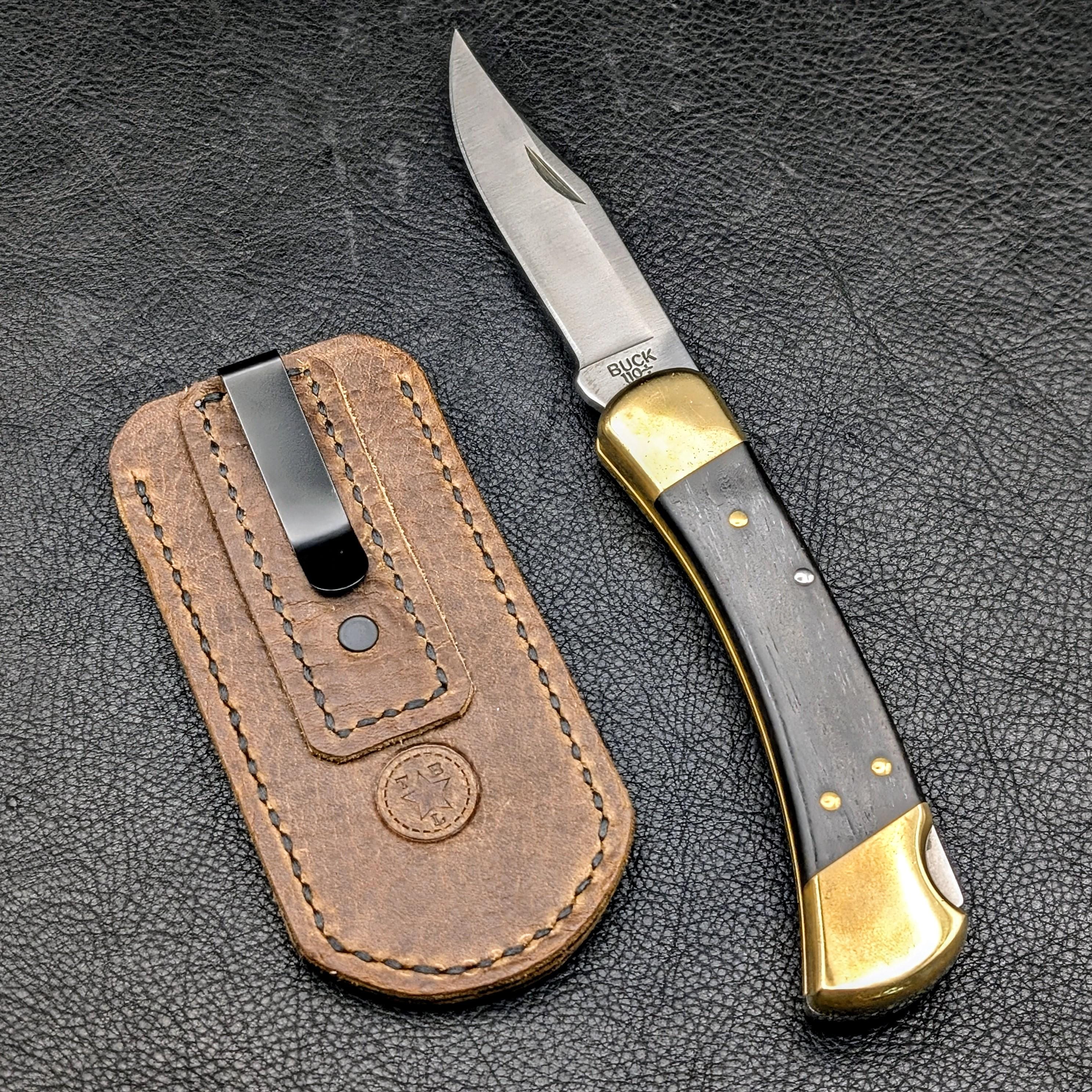Hand Stitched Leather Pocket Knife Slip: Deep Carry, Buck 110