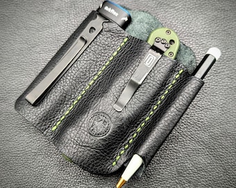 The Slabside - Belt Clip Edition - EDC Leather organizer for Flat/Slabside XL flashlight, large folding knife/clipped multitool/pen