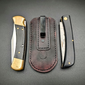 Leather deep carry pocket knife slips for Swiss Army Knives | Higonokami Japanese Folder | Large Non Clip Folder | Buck 110/112 or Similar