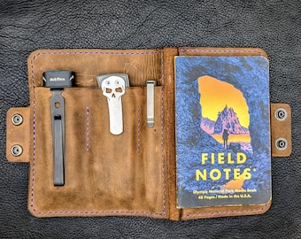 The All-In-One: EDC Field Notes/Passport Notebook Cover with internal slots for knife, flashlight, pen