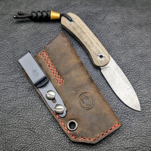 Leather Knife Sheath: Customizable Clip Carry System for Knafs Lander 4 Fixed Blade 6 - Black Tea