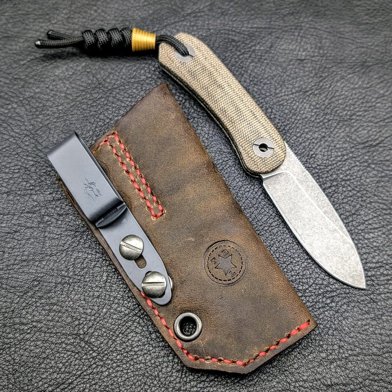 Leather Knife Sheath: Customizable Clip Carry System for Knafs Lander 4 Fixed Blade 6 - Black Tea
