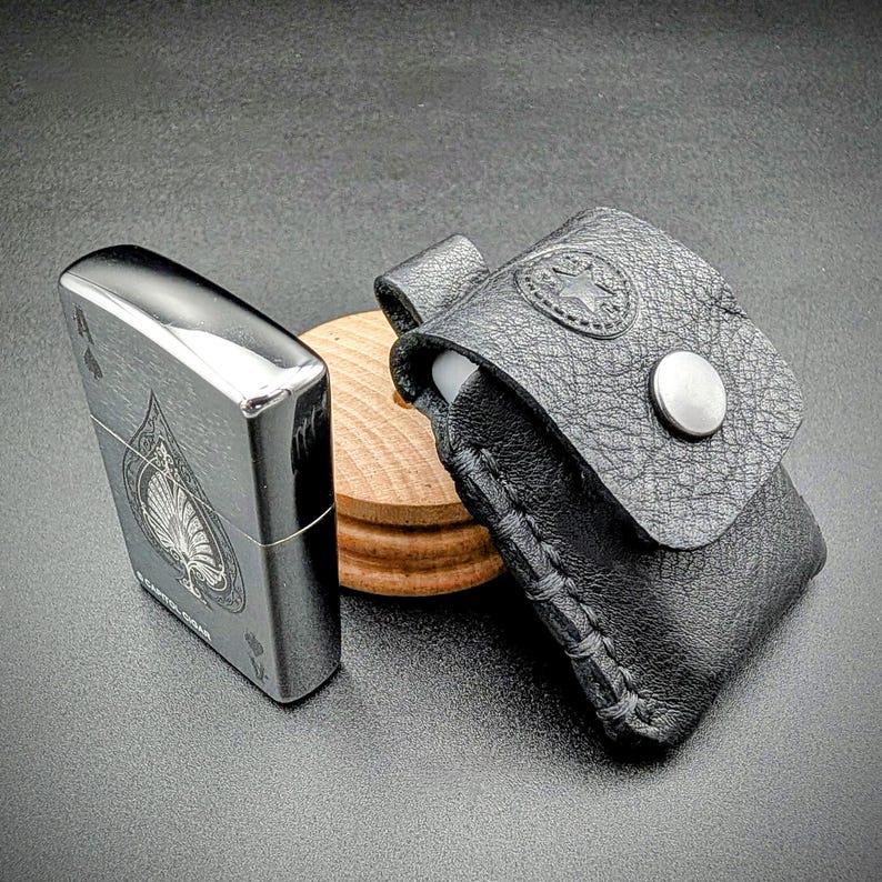 The Grunt - Handmade leather case for flip up butane lighter with snap closure | Keychain Loop Premium Black