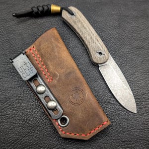 Leather Knife Sheath: Customizable Clip Carry System for Knafs Lander 4 Fixed Blade 1 - Rustic Brown