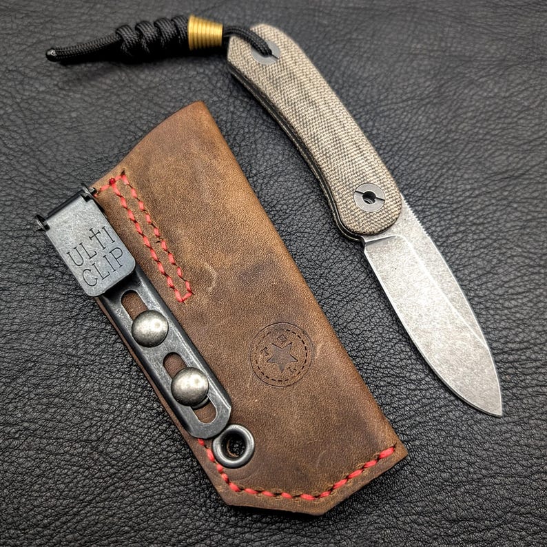 Leather Knife Sheath: Customizable Clip Carry System for Knafs Lander 4 Fixed Blade 1 - Rustic Brown