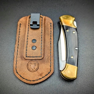 Leather Pocket Knife Sheath/Slip with Heavy Duty Deep Carry Clip for Buck 110/112, Higonokami, Case Sodbuster, Swiss Army knife or similar