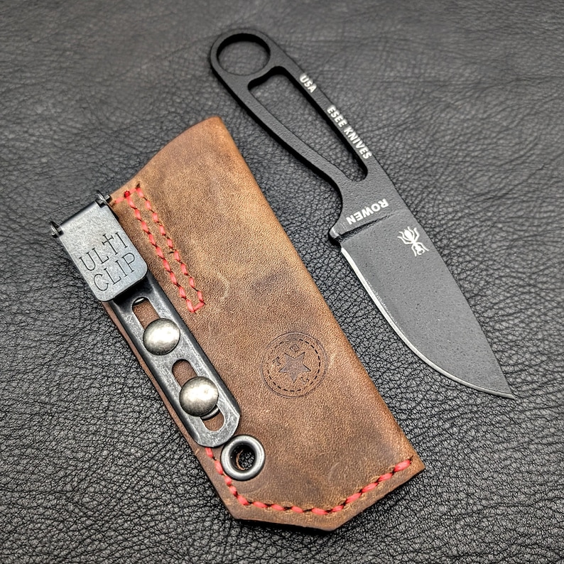 Leather Knife Sheath: Customizable Clip Carry System for ESEE Izula and Kizer Dropbear Fixed Blades 1 - Rustic Brown