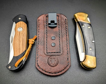 Leather Pocket Knife Sheath/Slip with Heavy Duty Deep Carry Clip for Buck 110/112, Higonokami, Case Sodbuster, Swiss Army knife or similar