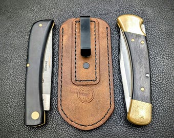 Handmade Leather Pocket Knife Slip: Deep Carry Clip for Buck 110, Case, Swiss Army Knives, Higonokami and others