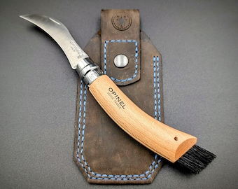 The Forager - Leather Belt Sheath for Opinel Foraging Knife: Snap Close Belt Sheath for Opinel No. 8 Mushroom Knife