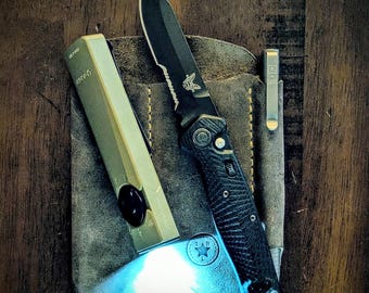 The Tallboy - Belt Clip EDC Leather organizer for Flat/Slabside XL flashlight, large folding knife/clipped multitool/pen