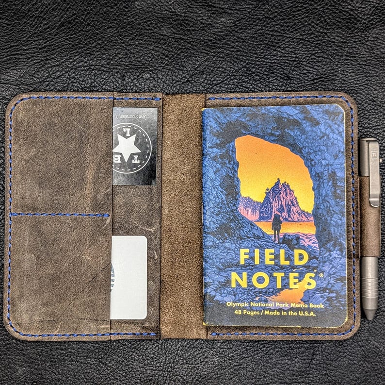 Handmade Leather Field Notes Cover: Passport Notebook, Pen Loop & Card Holder image 3