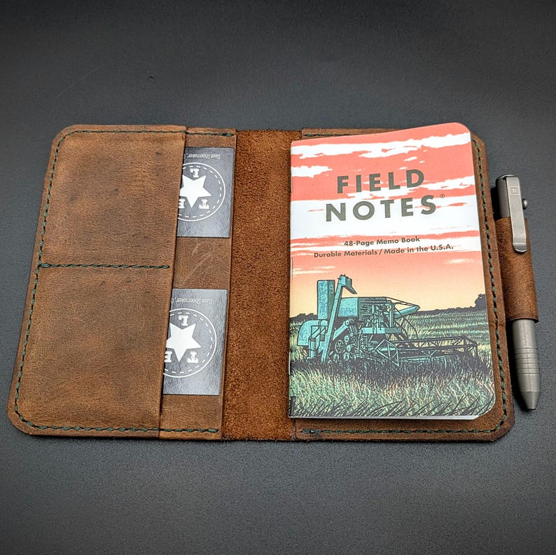 Handmade Leather Field Notes Cover: Passport Notebook, Pen Loop & Card Holder Rustic Brown - Pen