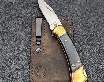 Brushy Creek - Leather Deep Carry Clip Slip for Buck 112, Case Trapper, Stumplifter, Benchmade Proper, or similar