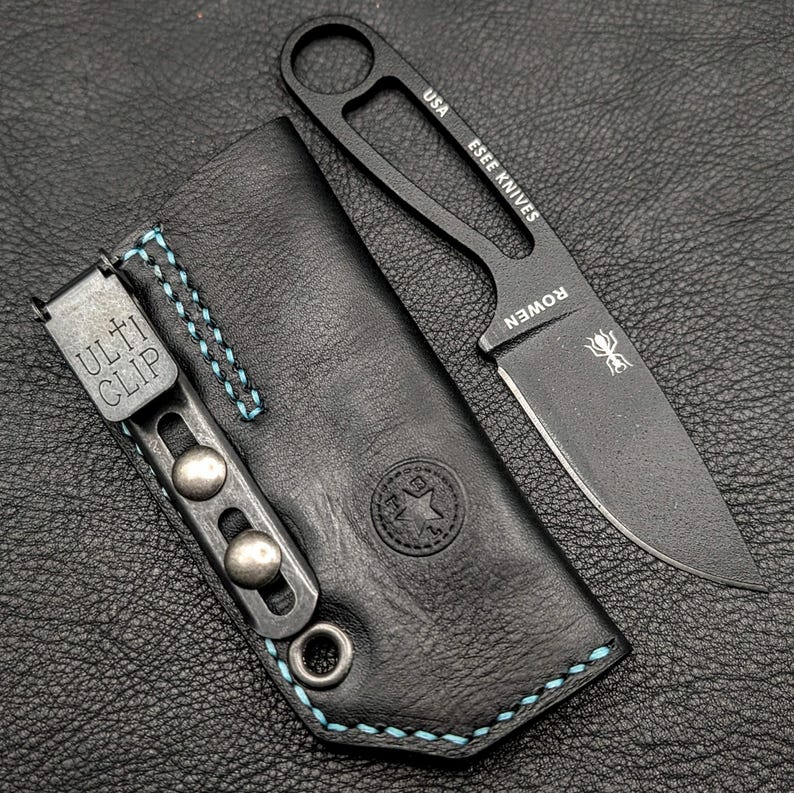 Leather Knife Sheath: Customizable Clip Carry System for ESEE Izula and Kizer Dropbear Fixed Blades 2 - Black