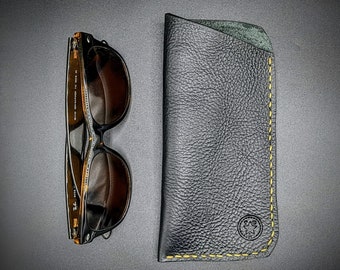 CLEARANCE: Handmade Leather Eyeglass Case - Moto Black w/ Bright Orange Stitching