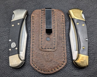 Leather Pocket Knife Slip: Deep Carry Clip for Buck 112, Case Trapper, Böker Scout, Benchmade Proper, or similar - Customizable
