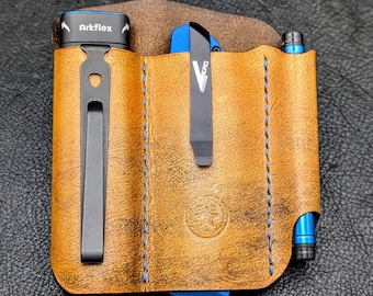 The Slabside - Belt Clip Edition - EDC Leather organizer for Flat/Slabside flashlight, large folding knife/clipped multitool/pen