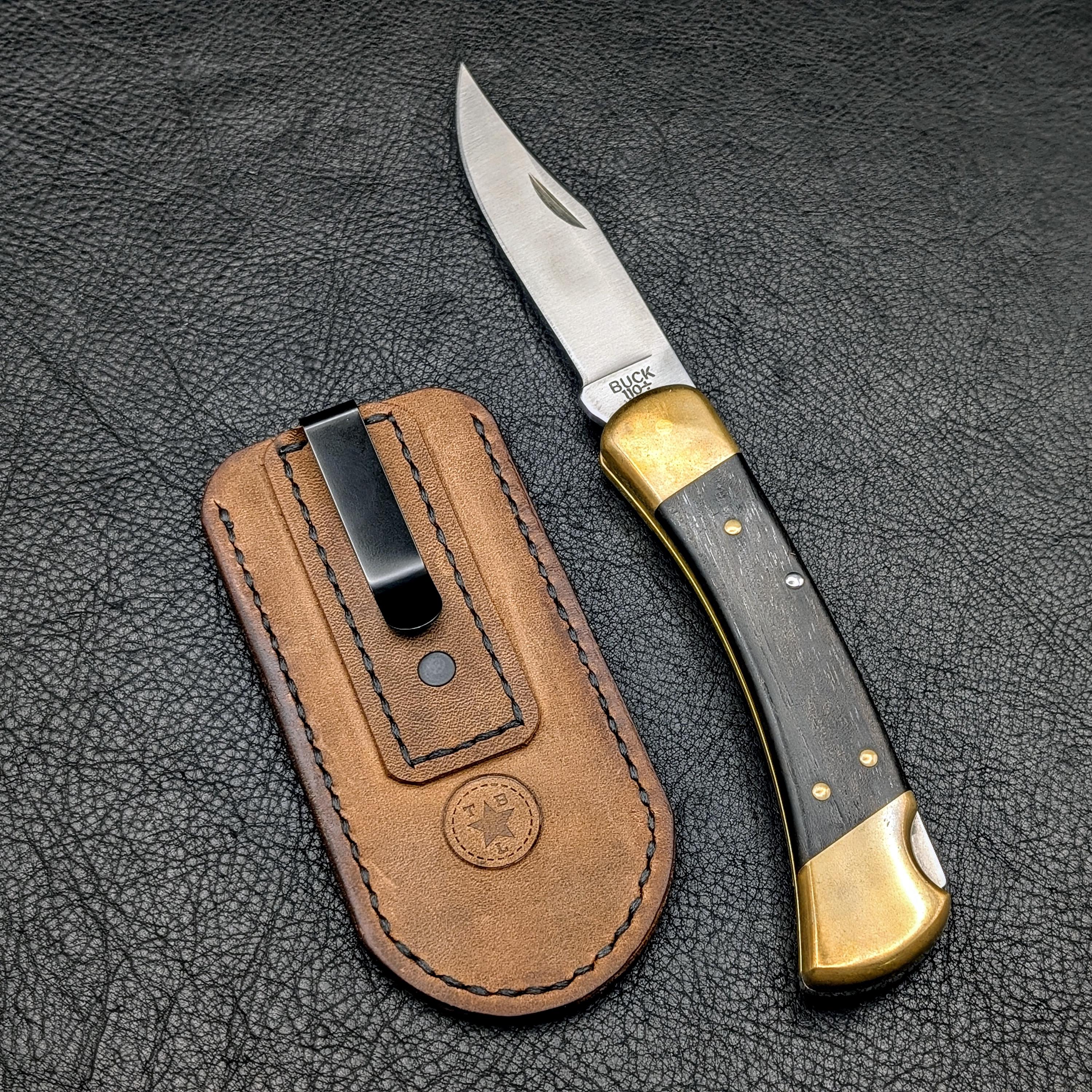 Hand Stitched Leather Pocket Knife Slip: Deep Carry, Buck 110