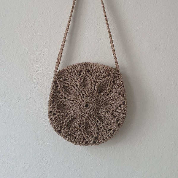 Häkel Tasche Umhängetasche Handtasche rund Boho Bohemian Hippie Blatt