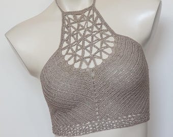 Blume des Lebens Mandala Häkeltop Häkel Crop Top Traumfänger Beige Boho Hippie Ibiza Festival