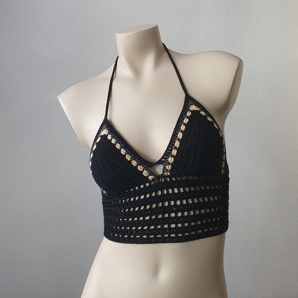 Häkeltop Häkel Top Crop bauchfrei schwarz Hippie Boho Festival