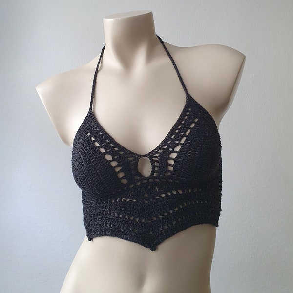 Häkeltop Häkel Top Crop bauchfrei schwarz Hippie Boho Gothic Festival