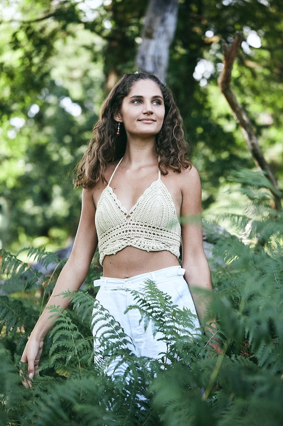 Crochet crop top boho hippie white crochet top sales halter top