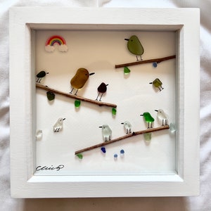 Rainbow Birds on Branch Sea Glass Picture Framed Unique Handmade Sea Glass Art image 3