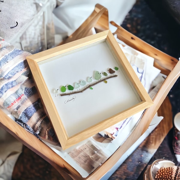 Birds on a Branch - Sea Glass Picture -  Framed Unique Handmade - Sea Glass Art