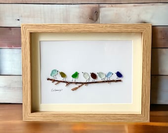 Birds on a Branch - Sea Glass Picture - Unique Handmade Gift - Sea Glass Art