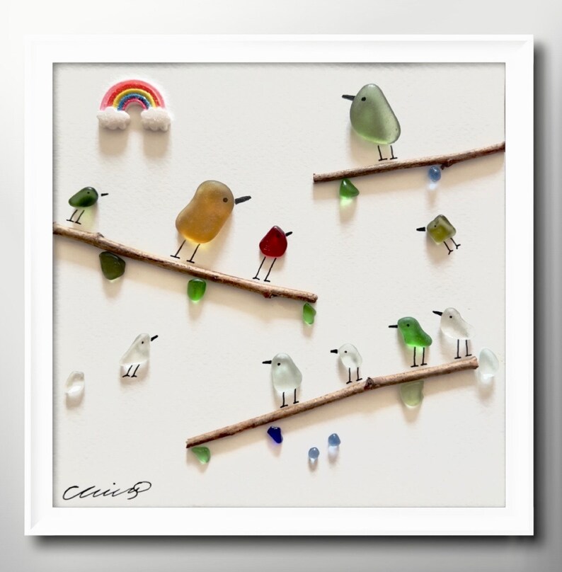 Rainbow Birds on Branch Sea Glass Picture Framed Unique Handmade Sea Glass Art image 1