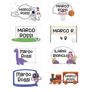 20 etichette adesive scolastiche libri quaderni personalizzate con nome astronauta basket calcio volley dinosauro sirenetta robot treno