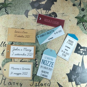 15 cartellini tag bigliettini tema viaggio personalizzati con nomi data disegno a scelta bomboniere o segnaposto cerimonie matrimonio nozze