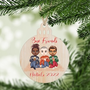 Decorazione per albero di Natale in legno personalizzata migliori amici in stile chibi frase personalizzata idea regalo natalizia ornamento
