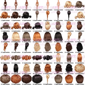 May include: A digital illustration featuring a variety of hairstyles and skin tones. The image includes 55 different hairstyles, ranging from braids to curls, and six skin tone options. Text in Italian reads "Capelli bambina" and "Carmagione bambini".