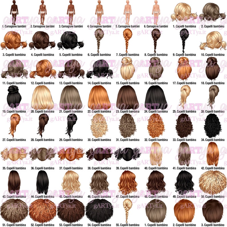 May include: A digital illustration featuring a variety of hairstyles and skin tones. The image includes 55 different hairstyles, ranging from braids to curls, and six skin tone options. Text in Italian reads "Capelli bambina" and "Carmagione bambini".