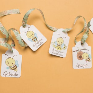 15 cartellini tag bigliettini personalizzati 4 disegni piccole api apine apette battesimo nascita compleanno baby shower comunione cresima