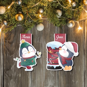 Segnalibro magnetico natalizio con pinguini personalizzato con nome set da 6 o 12 pezzi gadget compleanno regalo fine festa Natale