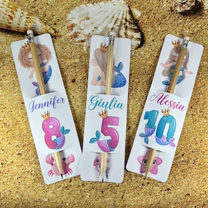 Segnalibro con matita classica 12 pezzi Sirene Sirenette cartoncino personalizzato con nome e numero anni per Compleanno Bambina 1-10 anni
