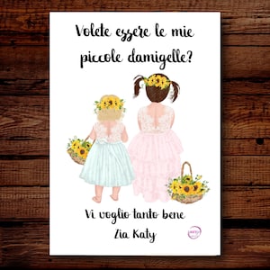 Biglietto personalizzato richiesta 2 damigelle bambine girasoli busta idea nozze matrimonio proposta volete essere le mie piccole damigelle