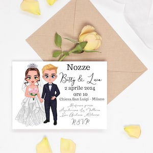 Set da 10 inviti con busta caricatura sposi chibi personalizzati 13x18 per Matrimonio Nozze Anniversario nozze partecipazione wedding set