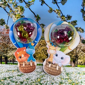 5 cartoncini portacaramelle mongolfiere regalo fine festa compleanno partykit dinosauri elefantini giraffe gattini leoni unicorni battesimo