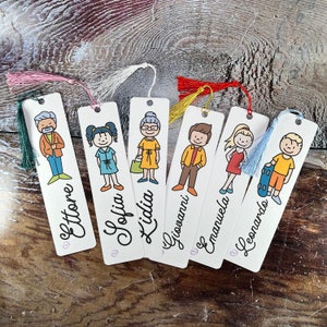 Set di 6 segnalibri segnaposto personalizzati con nome e caricatura in cartoncino regalini ricordo eventi matrimonio battesimo compleanno