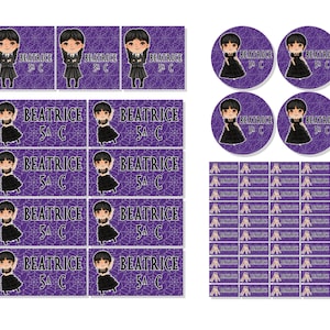 Set di etichette adesive scolastiche famiglia halloween ragazza gotica ispirazione horror personalizzate nome classe matite quaderni libri